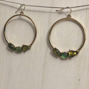 Hoops with Green Rhinestones Gold Tone